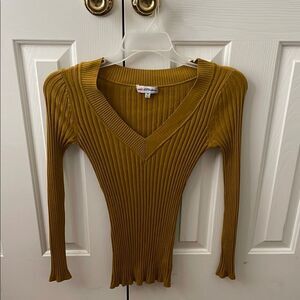 Elegant Mustard Ribbed V-Neck Blouse